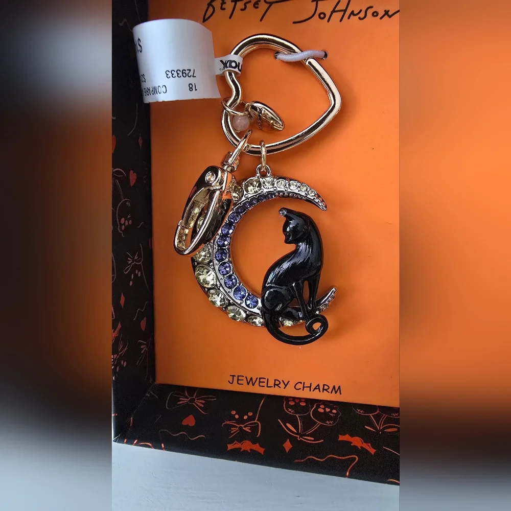 Betsey Johnson Black and Gold Cat Crescent Charm